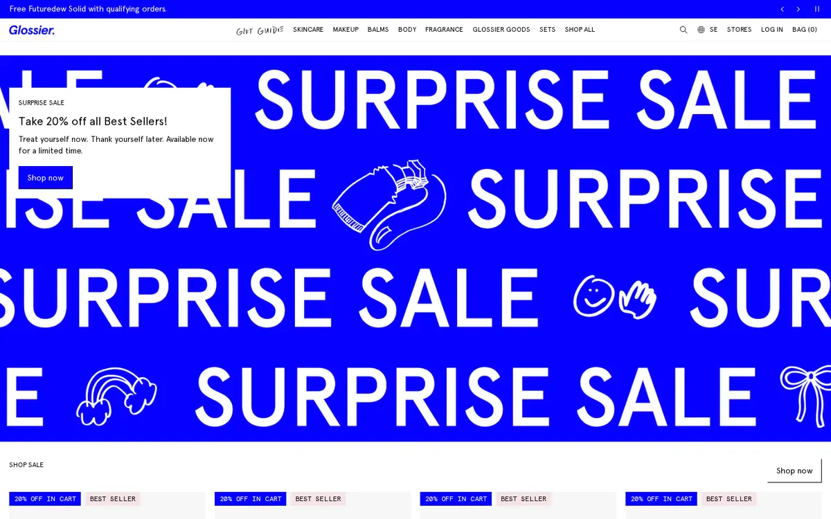 Homepage of the Glossier Shopify store