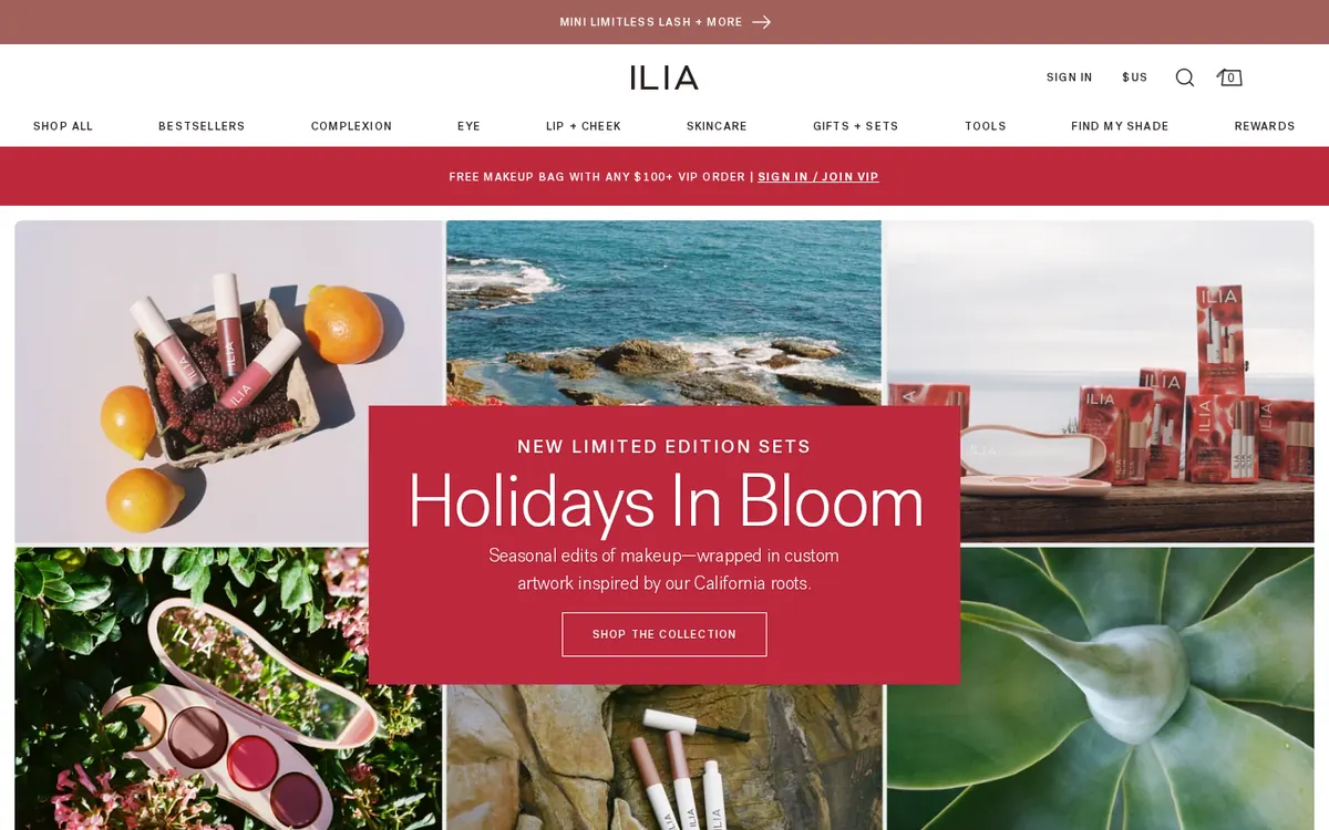Homepage of the ILIA Shopify store