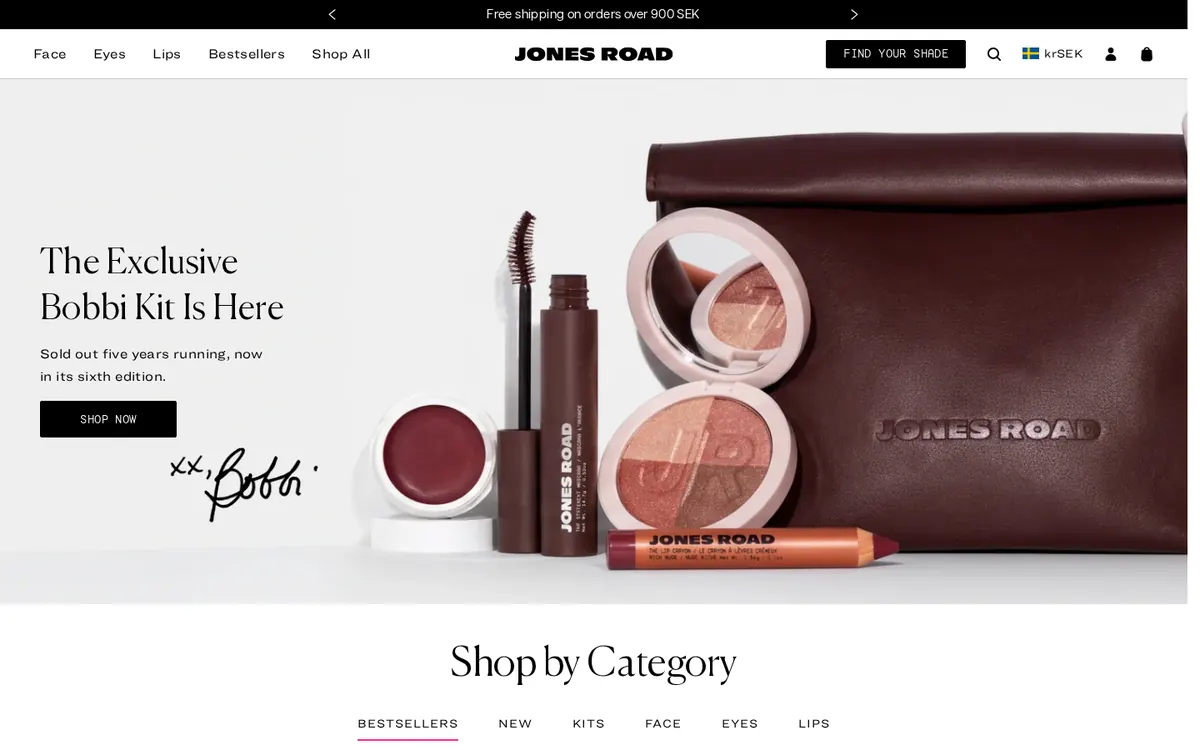 Homepage of the Jones Road Shopify store