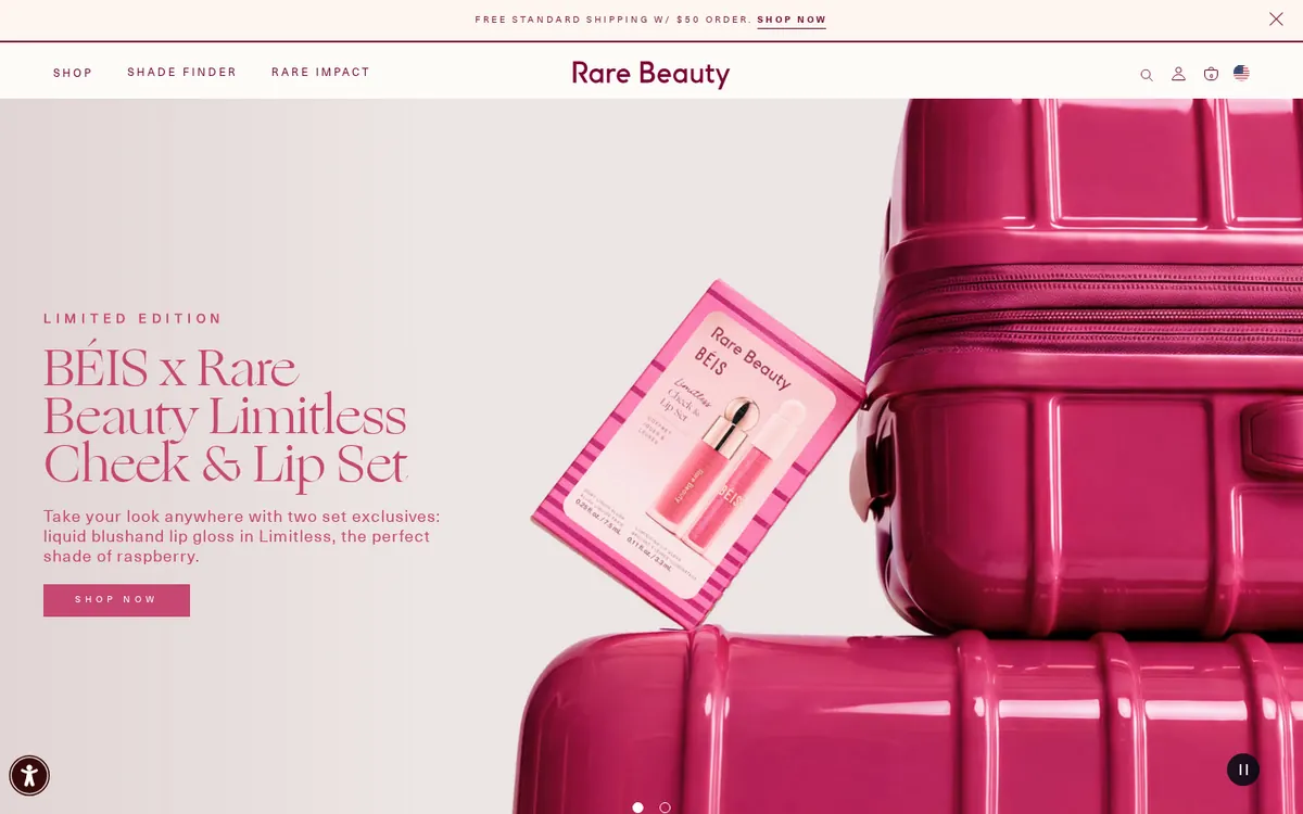 Homepage of the Rare Beauty Shopify store