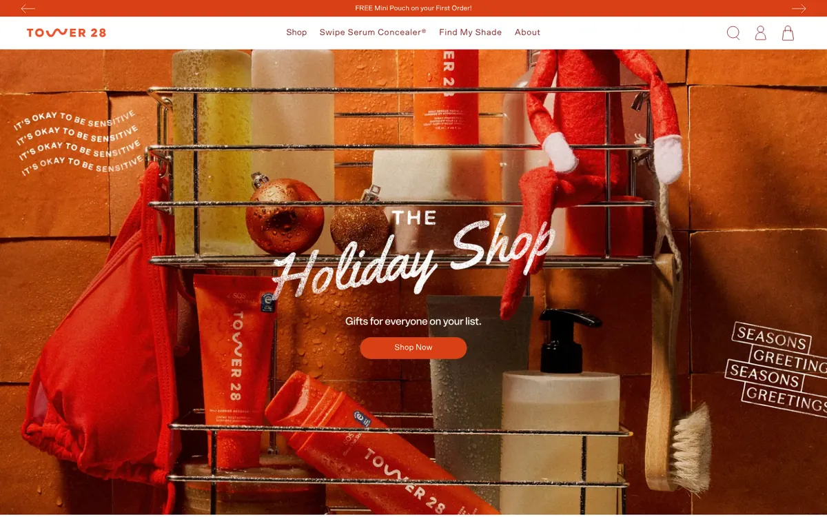 Homepage of the Tower 28 Shopify store
