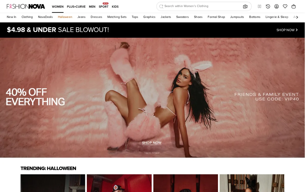 Homepage of the Fashion Nova Shopify store
