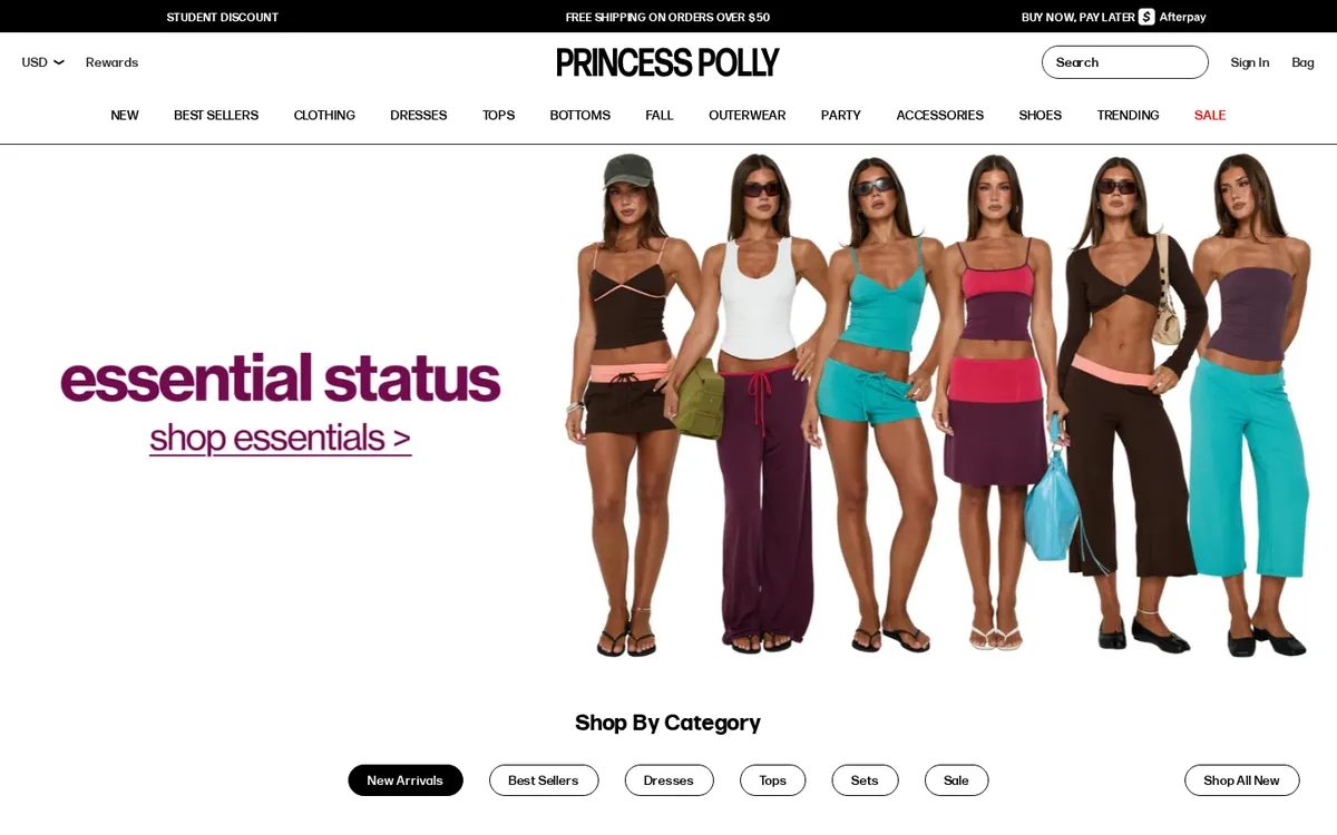 Homepage of the Princess Polly Shopify store
