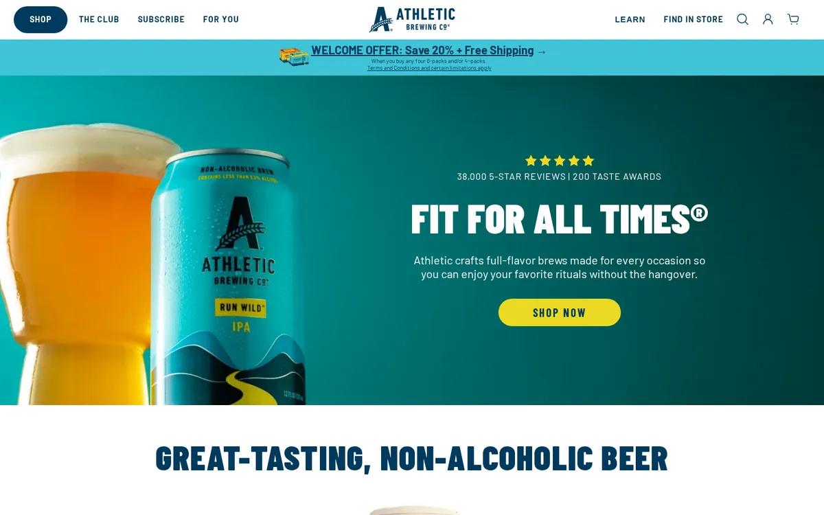 Homepage of the Athletic Brewing Shopify store