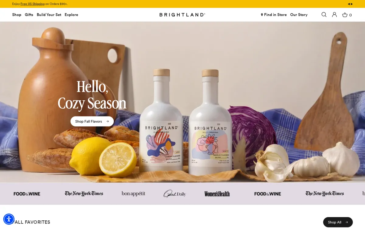 Homepage of the Brightland Shopify store