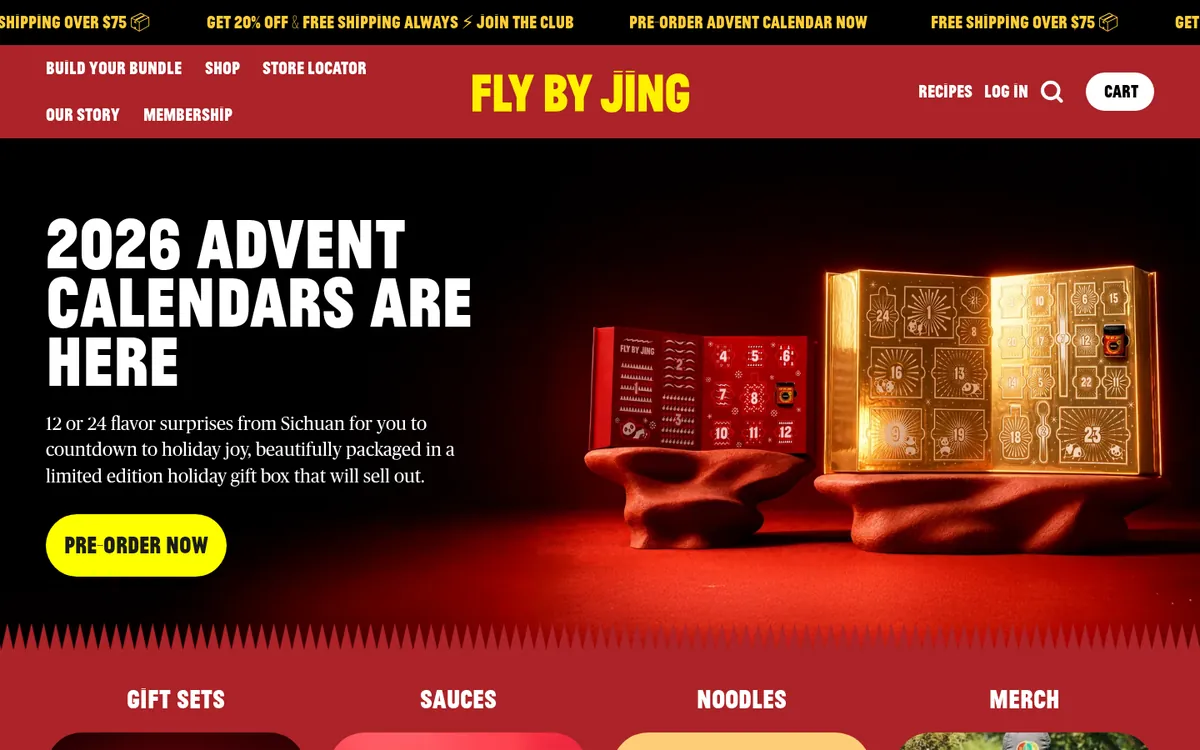 Homepage of the Fly By Jing Shopify store