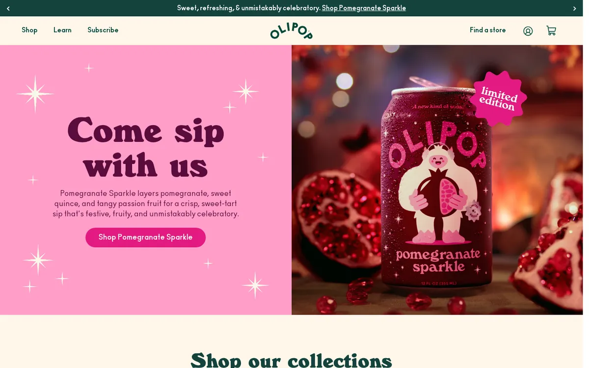 Homepage of the Olipop Shopify store