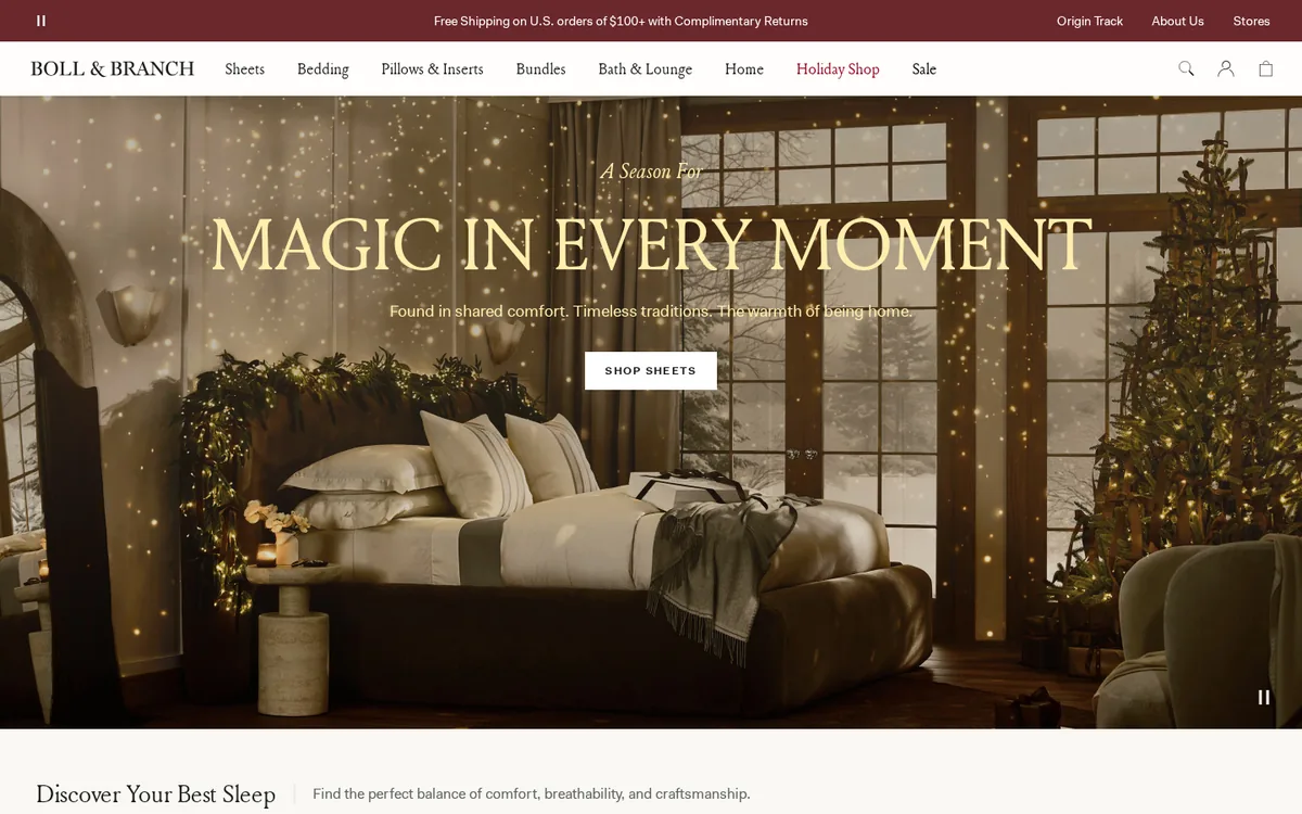 Homepage of the Boll & Branch Shopify store
