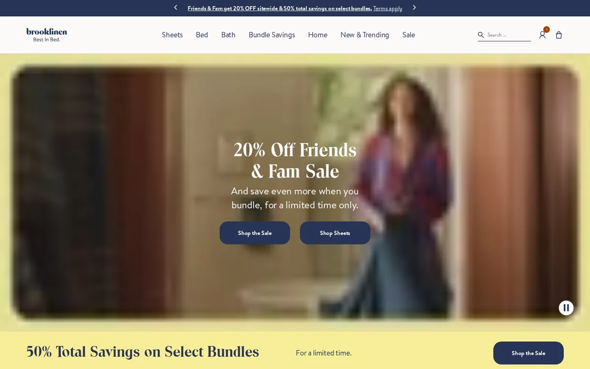 Homepage of the Brooklinen Shopify store