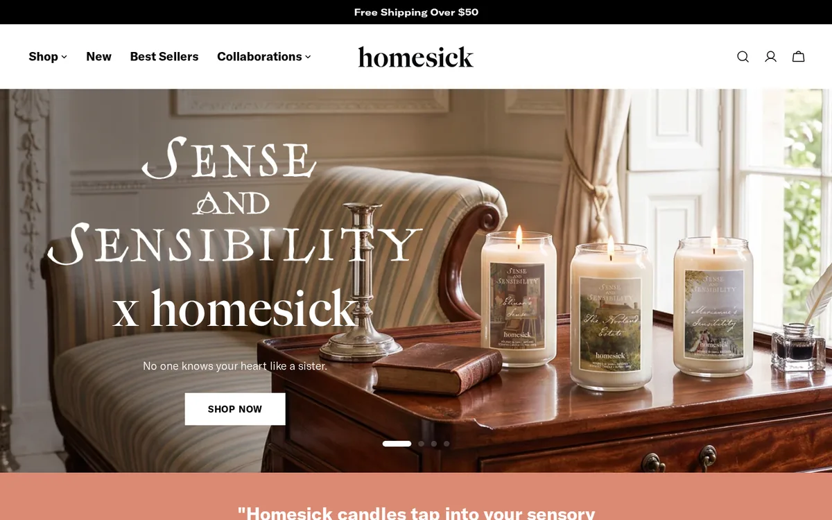 Homepage of the Homesick Shopify store