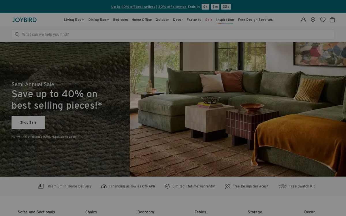 Homepage of the Joybird Shopify store