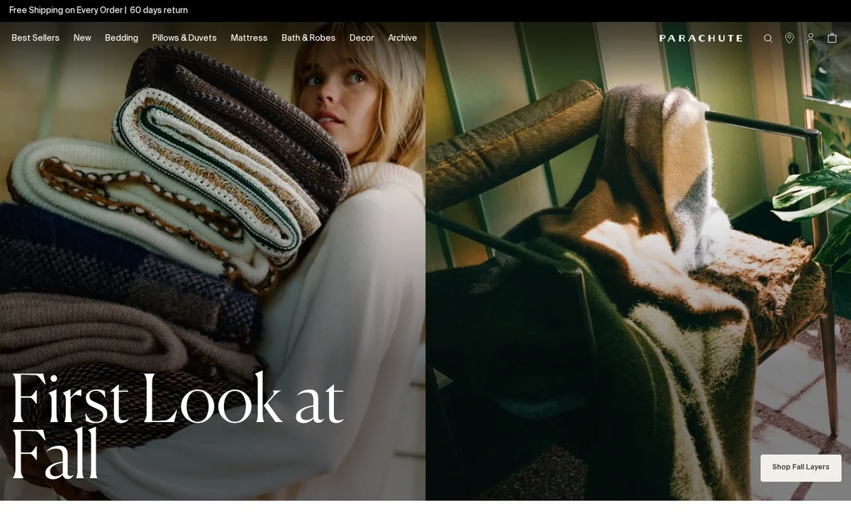 Homepage of the Parachute Shopify store