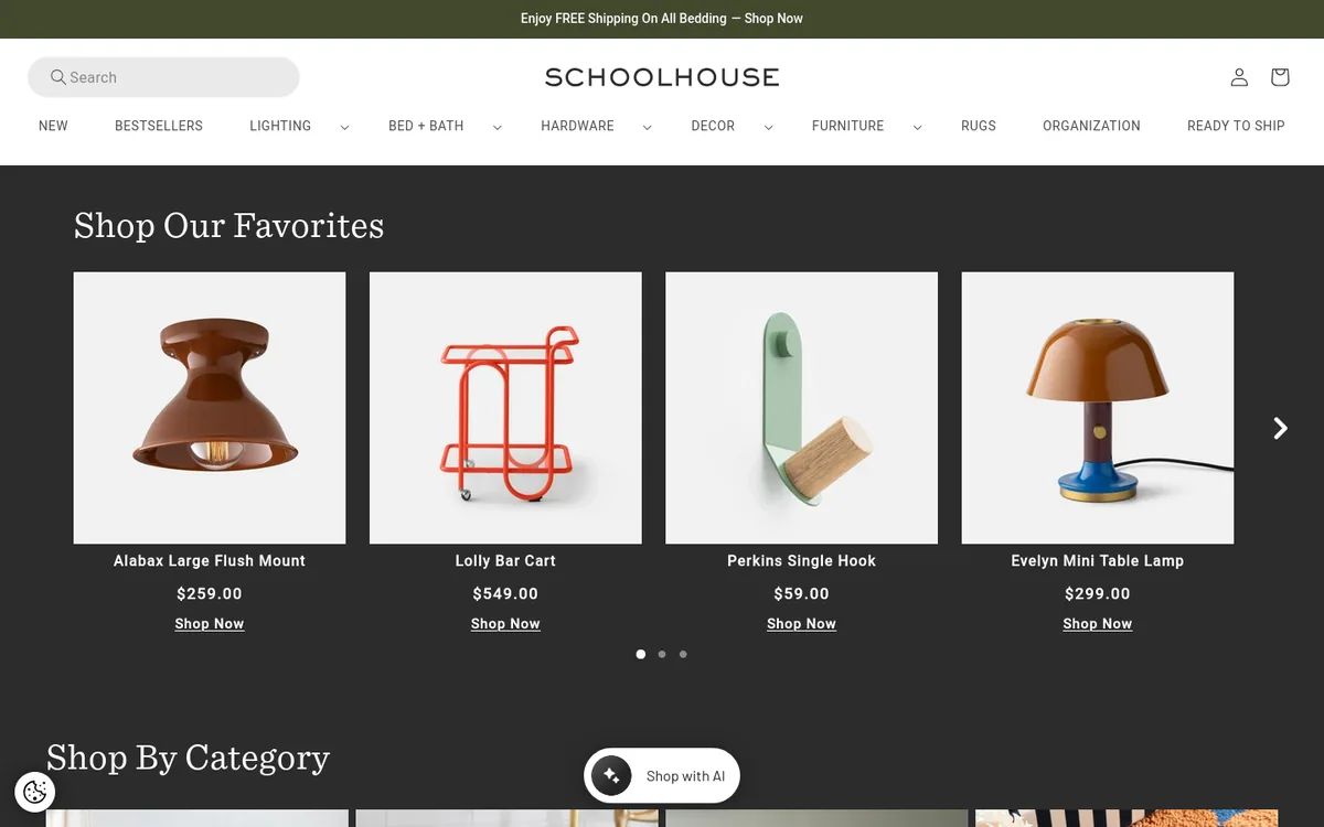 Homepage of the Schoolhouse Shopify store