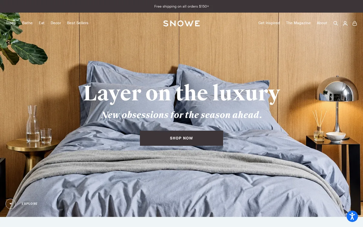 Homepage of the Snowe Shopify store