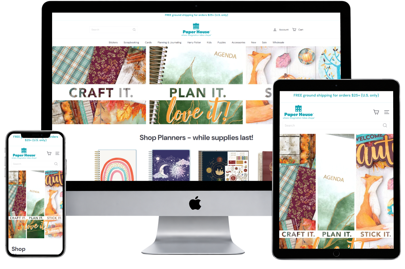 Paperhouseproductions website shown across desktop, tablet and mobile.