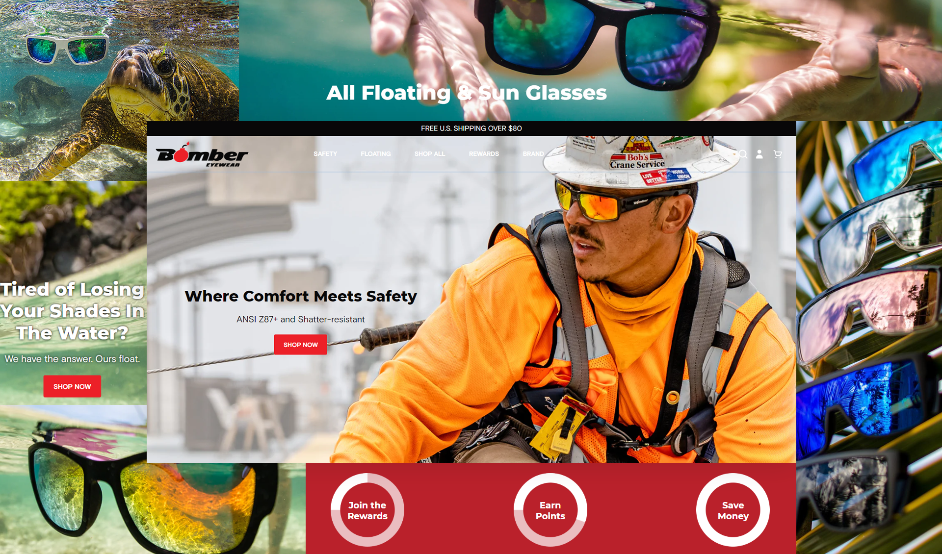 Bomber Eyewear ecommerce storefront project by Webinopoly shown on desktop and mobile.