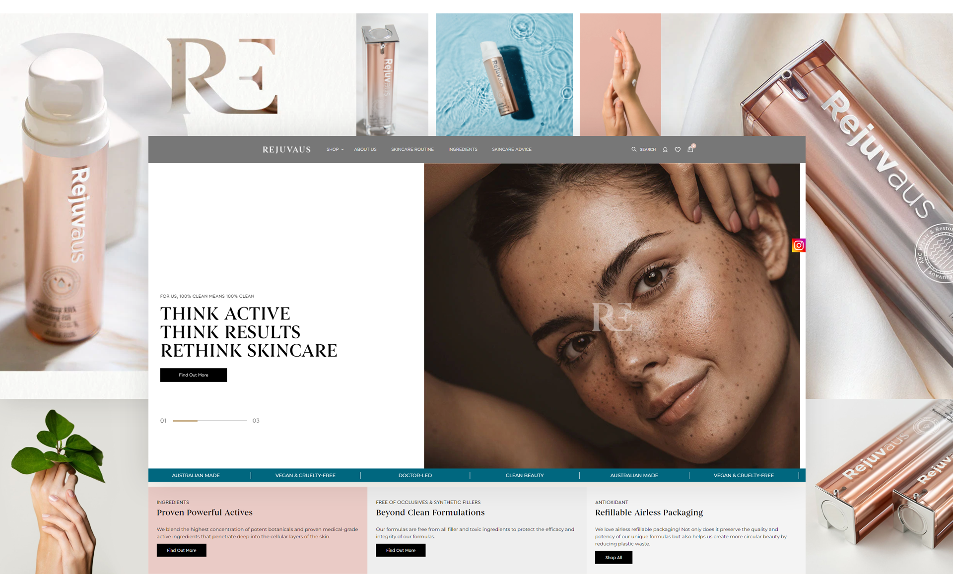 Rejuvaus skincare ecommerce project by Webinopoly shown on desktop and mobile.